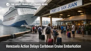 Venezuela action Caribbean cruise embarkation delays shown at San Juan pier with a ship holding for late guests
