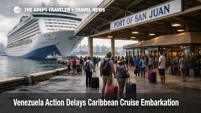 Venezuela action Caribbean cruise embarkation delays shown at San Juan pier with a ship holding for late guests