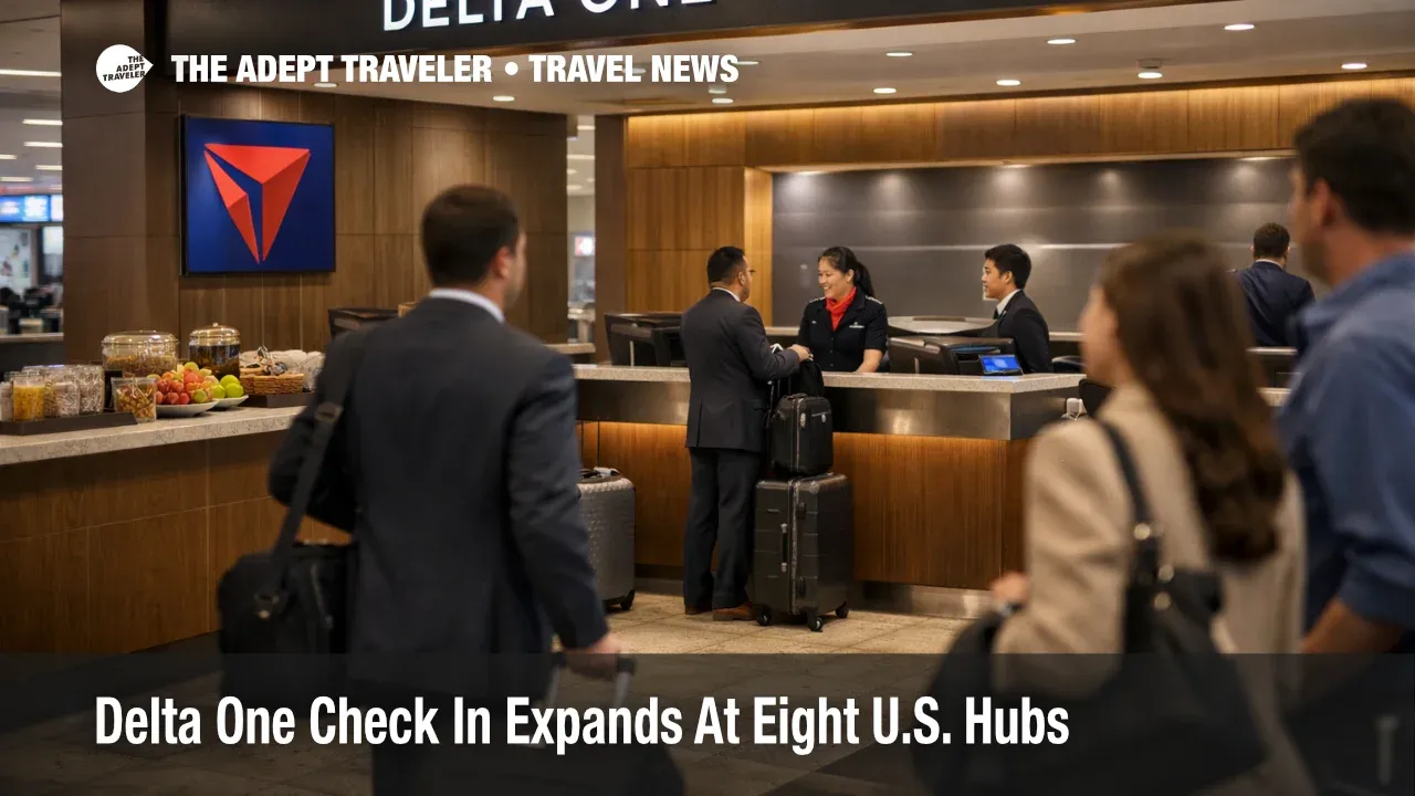Delta One Check In Hubs at ATL show a quiet premium check-in lobby that helps travelers avoid crowded main lines