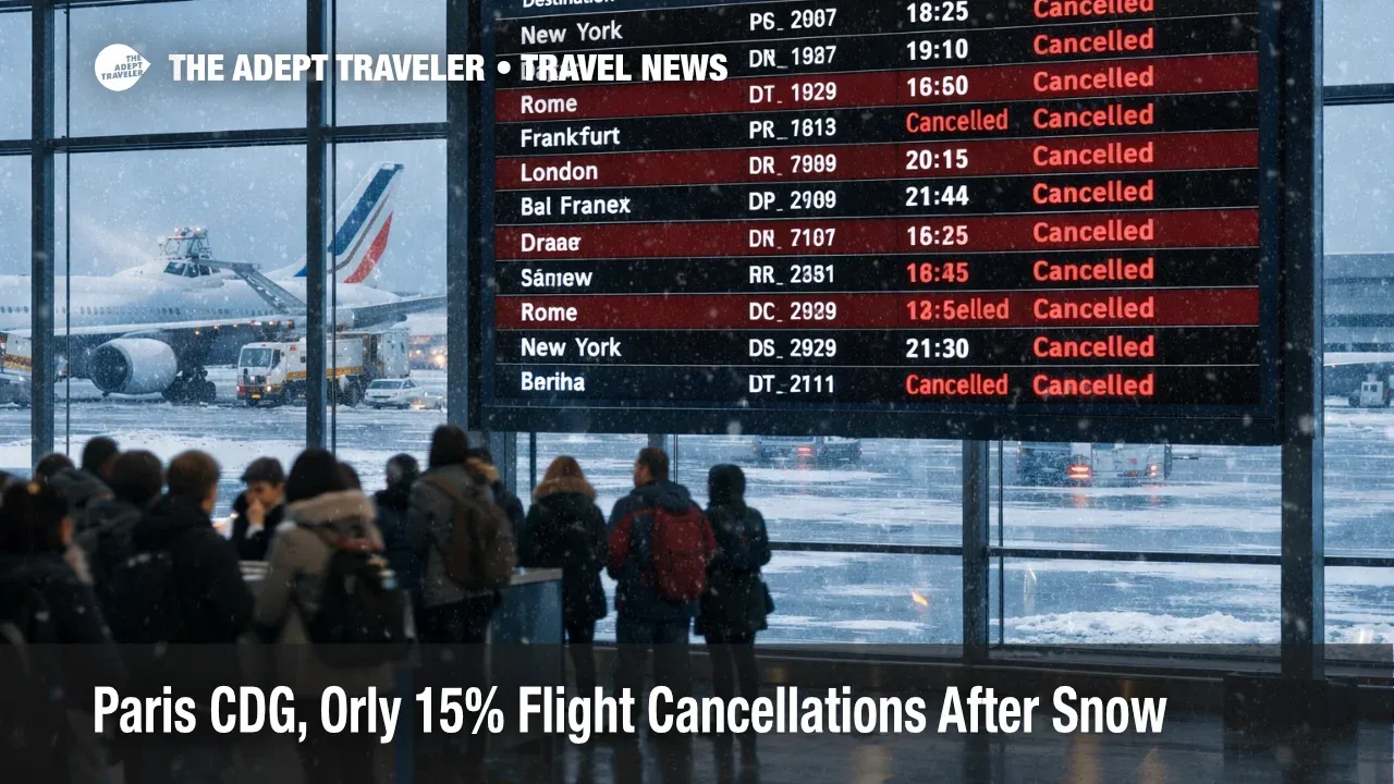 Departures board at CDG in snowfall, showing Charles de Gaulle flight cancellations and long delays