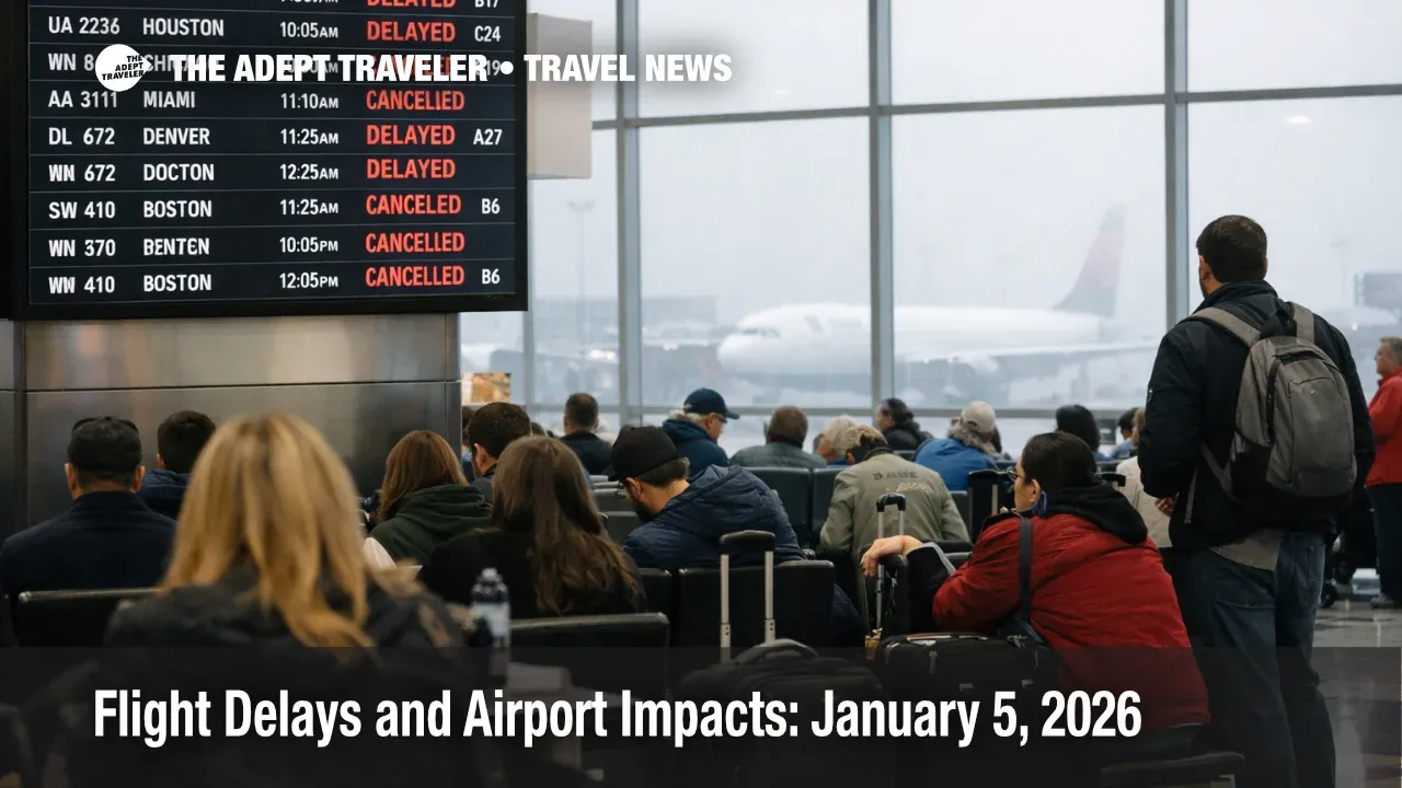 U.S. flight delays January 5 as ATL departures board shows fog holds, and travelers wait at crowded gates