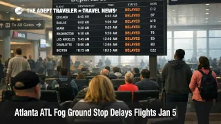 Atlanta ATL fog ground stop leaves travelers watching delayed departures boards in Hartsfield-Jackson Atlanta terminal