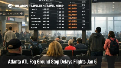 Atlanta ATL fog ground stop leaves travelers watching delayed departures boards in Hartsfield-Jackson Atlanta terminal