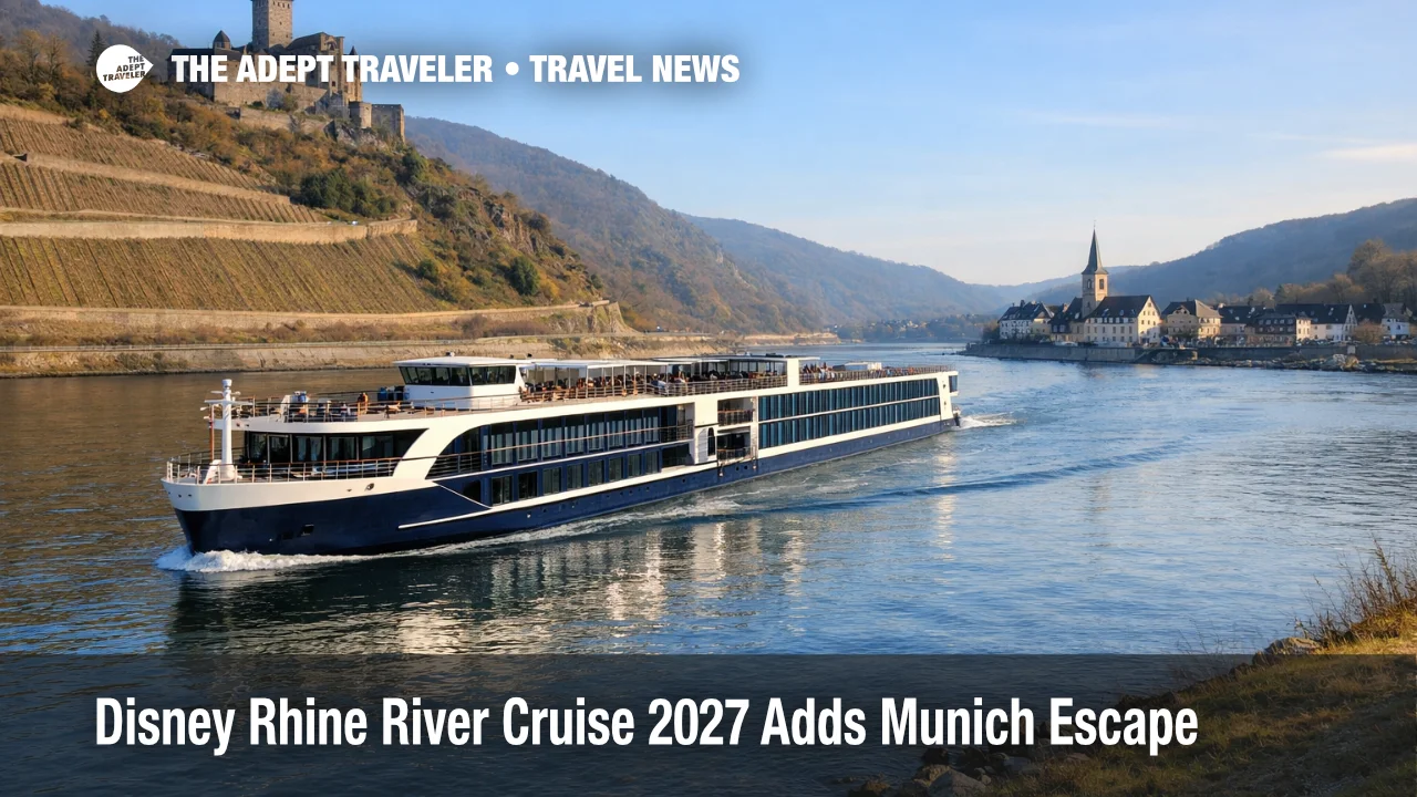 Disney Rhine River Cruise 2027 itinerary update shown by a river ship sailing past vineyards and castles on the Rhine