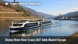 Disney Rhine River Cruise 2027 itinerary update shown by a river ship sailing past vineyards and castles on the Rhine