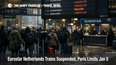 Eurostar Netherlands trains suspended as passengers wait under the departures boards at Paris Gare du Nord