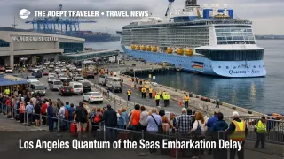 Quantum of the Seas delay in Los Angeles, ship at berth as late afternoon crowds wait outside the cruise terminal