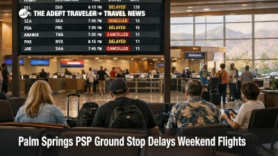 Palm Springs PSP ground stop leaves travelers waiting under departures boards as reroutes shift to LAX and ONT
