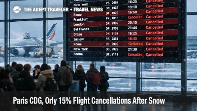Departures board at CDG in snowfall, showing Charles de Gaulle flight cancellations and long delays