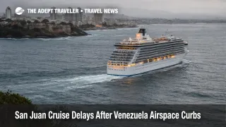 San Juan cruise delays shown by a ship underway off Puerto Rico under overcast skies, signaling disrupted embarkation timing.