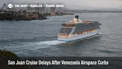 San Juan cruise delays shown by a ship underway off Puerto Rico under overcast skies, signaling disrupted embarkation timing.