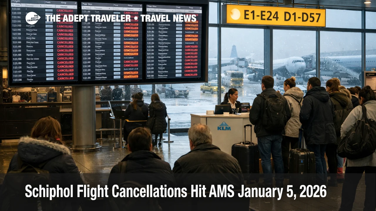 Amsterdam Schiphol flight cancellations shown on a departures board as winter weather strands travelers in the concourse