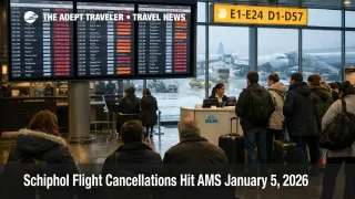 Amsterdam Schiphol flight cancellations shown on a departures board as winter weather strands travelers in the concourse