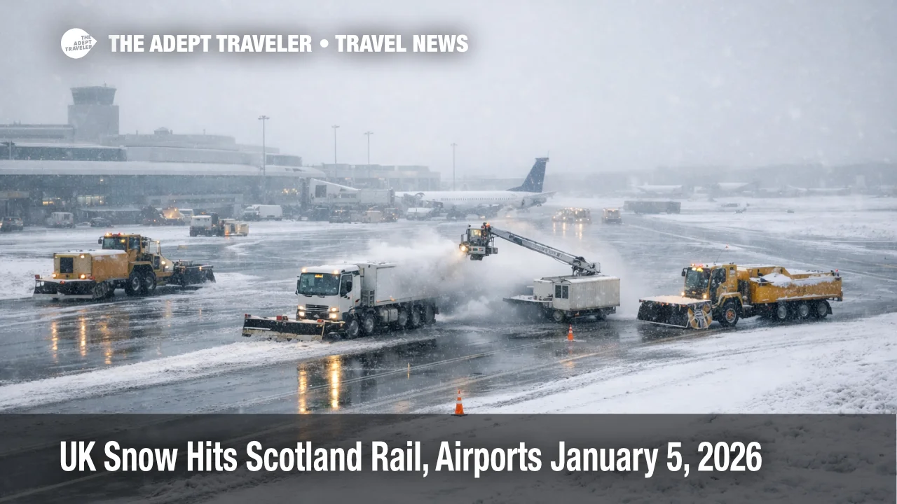 Scotland snow rail closures and airport delays shown by snow crews clearing a runway at Aberdeen International Airport