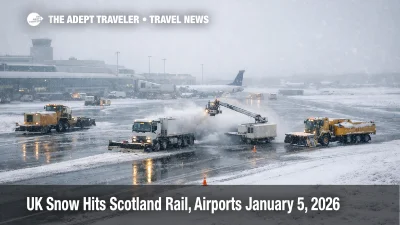 Scotland snow rail closures and airport delays shown by snow crews clearing a runway at Aberdeen International Airport