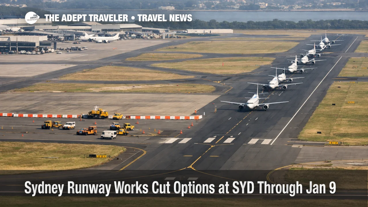Sydney airport runway works show Runway 07/25 closed at SYD, with aircraft queued on parallel runways during peak banks