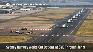Sydney airport runway works show Runway 07/25 closed at SYD, with aircraft queued on parallel runways during peak banks