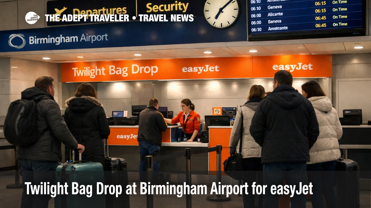 Birmingham Airport Twilight Bag Drop counters open in evening, helping easyJet early flyers skip morning bag drop lines