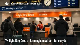 Birmingham Airport Twilight Bag Drop counters open in evening, helping easyJet early flyers skip morning bag drop lines