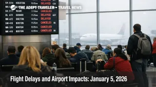 U.S. flight delays January 5 as ATL departures board shows fog holds, and travelers wait at crowded gates