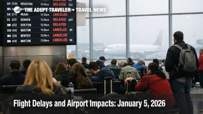U.S. flight delays January 5 as ATL departures board shows fog holds, and travelers wait at crowded gates