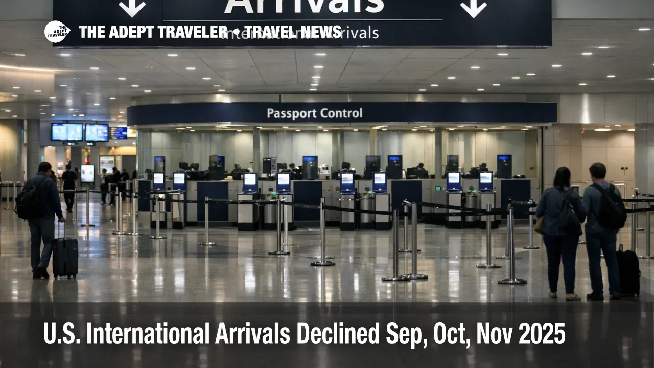 U.S. international arrivals decline shown by a quiet airport arrivals hall with short passport control queues.