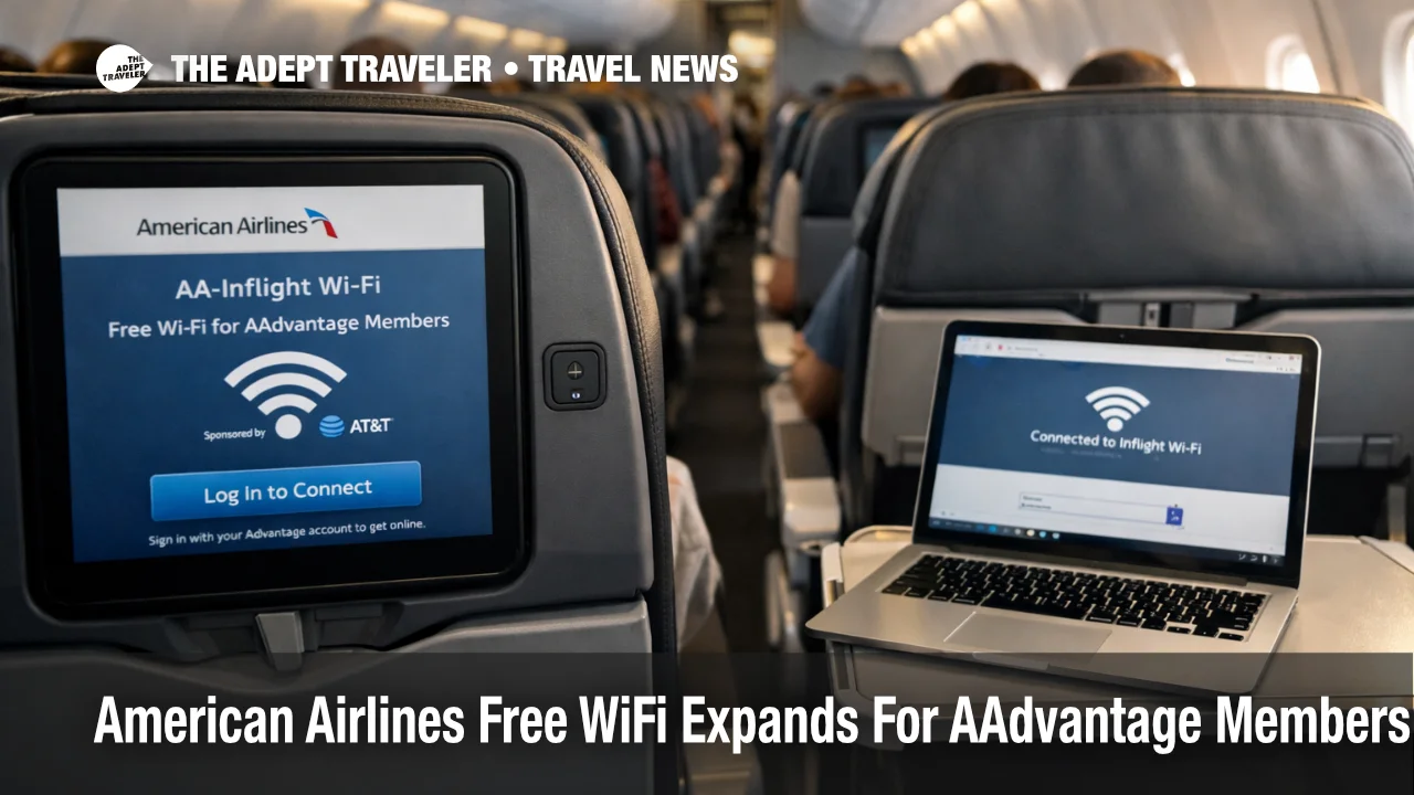 American Airlines free WiFi shown on a seatback screen as a laptop connects in a narrowbody cabin during boarding