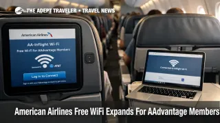 American Airlines free WiFi shown on a seatback screen as a laptop connects in a narrowbody cabin during boarding