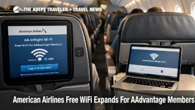 American Airlines free WiFi shown on a seatback screen as a laptop connects in a narrowbody cabin during boarding
