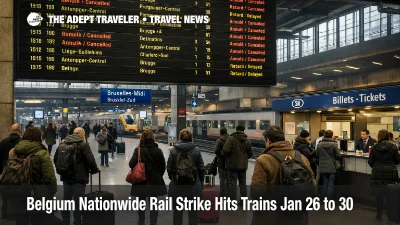 Belgium rail strike January 26 shown on Brussels-Midi departures board with cancellations and sparse platforms