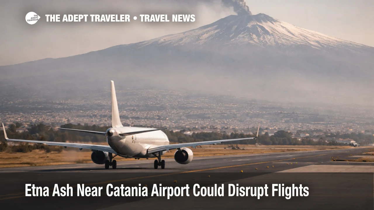 Etna ash Catania Airport flights risk delays, with aircraft taxiing under a faint ash haze and Mount Etna in the distance