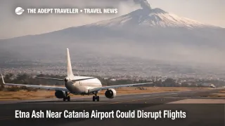 Etna ash Catania Airport flights risk delays, with aircraft taxiing under a faint ash haze and Mount Etna in the distance