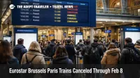 Eurostar Brussels Paris train cancellations shown on a station board as travelers queue to rebook at St Pancras