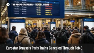 Eurostar Brussels Paris train cancellations shown on a station board as travelers queue to rebook at St Pancras