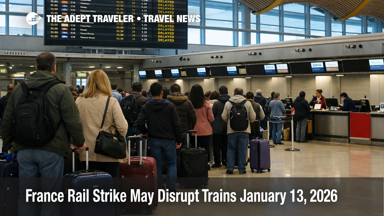 France rail strike January 13 shown at Paris Gare de Lyon with cancelled trains on the departures board and waiting travelers