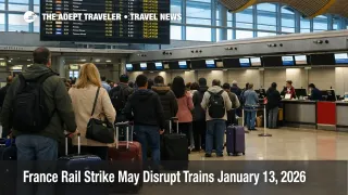 France rail strike January 13 shown at Paris Gare de Lyon with cancelled trains on the departures board and waiting travelers