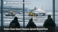 France snow airport closures, travelers watch deicing and snow crews on a frozen apron as flights cancel at a regional terminal