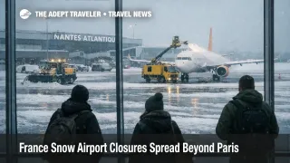 France snow airport closures, travelers watch deicing and snow crews on a frozen apron as flights cancel at a regional terminal