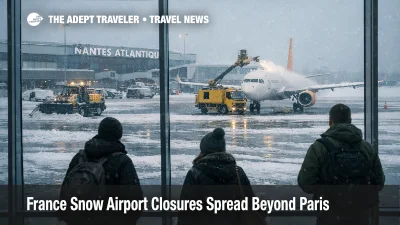 France snow airport closures, travelers watch deicing and snow crews on a frozen apron as flights cancel at a regional terminal