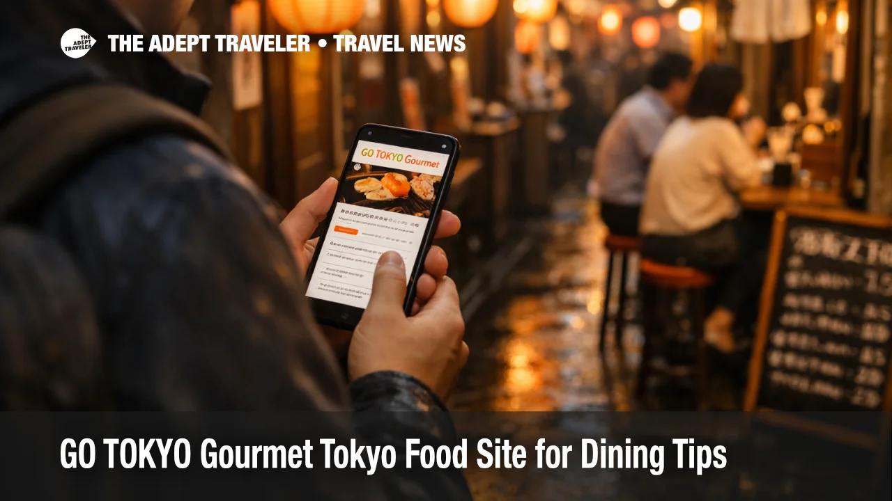 Traveler checks GO TOKYO Gourmet website on a phone while choosing dinner in Tokyo, Japan, to avoid long waits