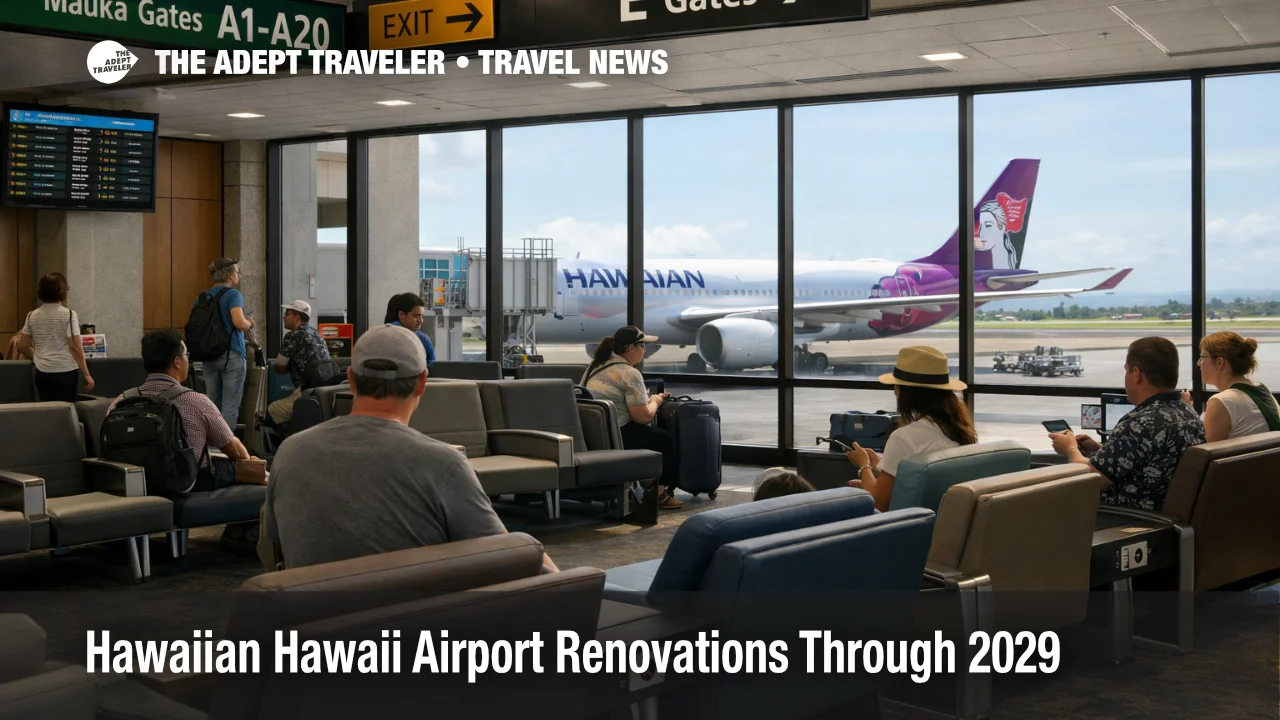 Hawaiian Airlines Hawaii airport renovations, travelers wait near gates at Honolulu airport with more seating and chargers