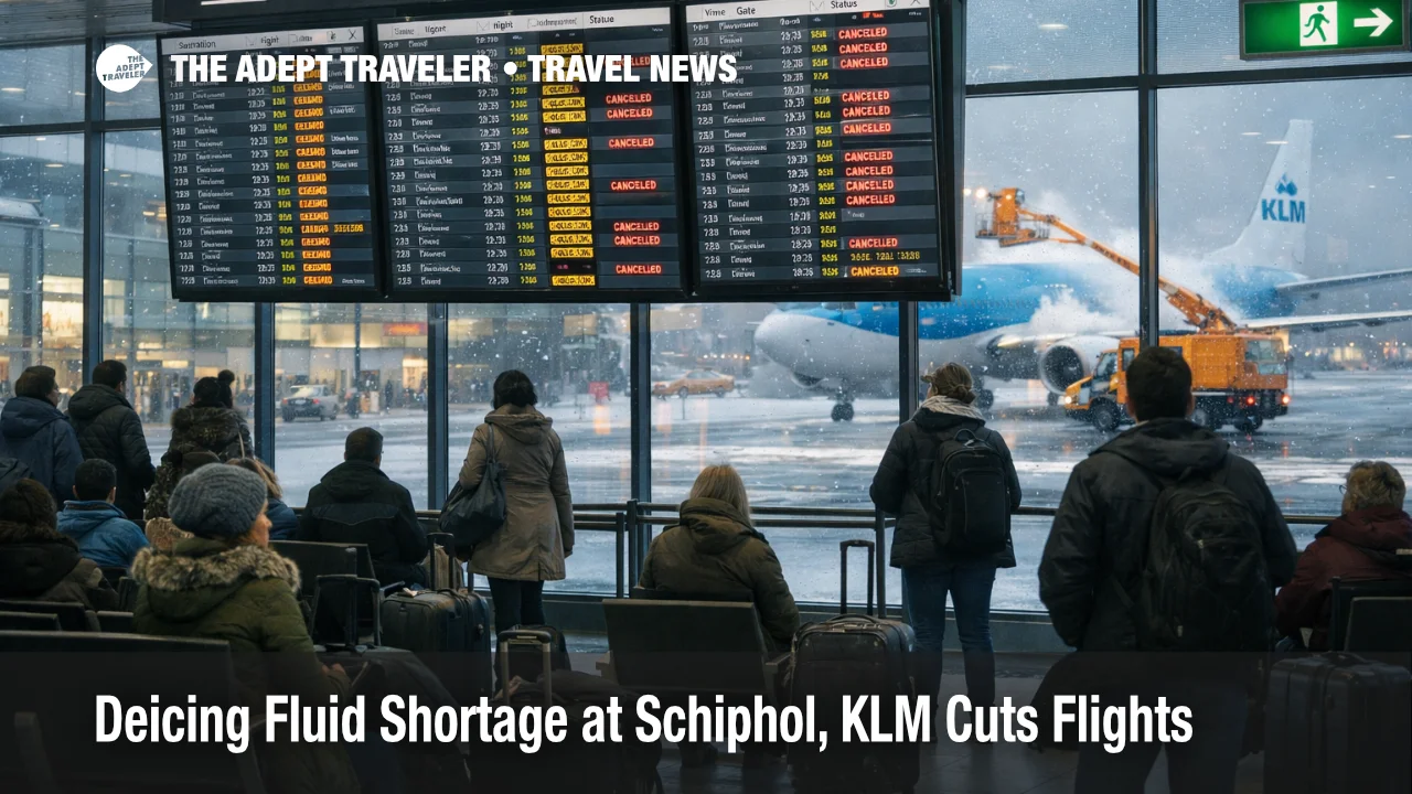 KLM deicing fluid shortage Schiphol shown on AMS departures board with winter delays and queued travelers