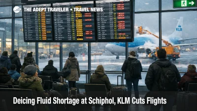 KLM deicing fluid shortage Schiphol shown on AMS departures board with winter delays and queued travelers