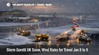 Storm Goretti UK travel disruption shown at Heathrow runway, snowplows and de-icing delaying departures
