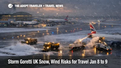 Storm Goretti UK travel disruption shown at Heathrow runway, snowplows and de-icing delaying departures