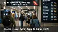 Sydney Airport Terminal 3 measles exposure alert as travelers pass through the domestic arrivals hall at night