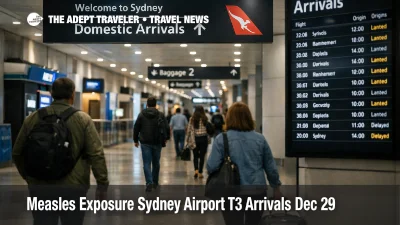 Sydney Airport Terminal 3 measles exposure alert as travelers pass through the domestic arrivals hall at night