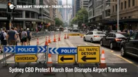 Sydney CBD protest march ban shown by police barriers and detours that can delay travelers heading to the airport
