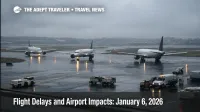 Low ceilings at Boston Logan show aircraft taxiing slowly, reflecting flight delays January 6, 2026, and tight connection risk