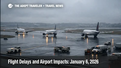 Low ceilings at Boston Logan show aircraft taxiing slowly, reflecting flight delays January 6, 2026, and tight connection risk